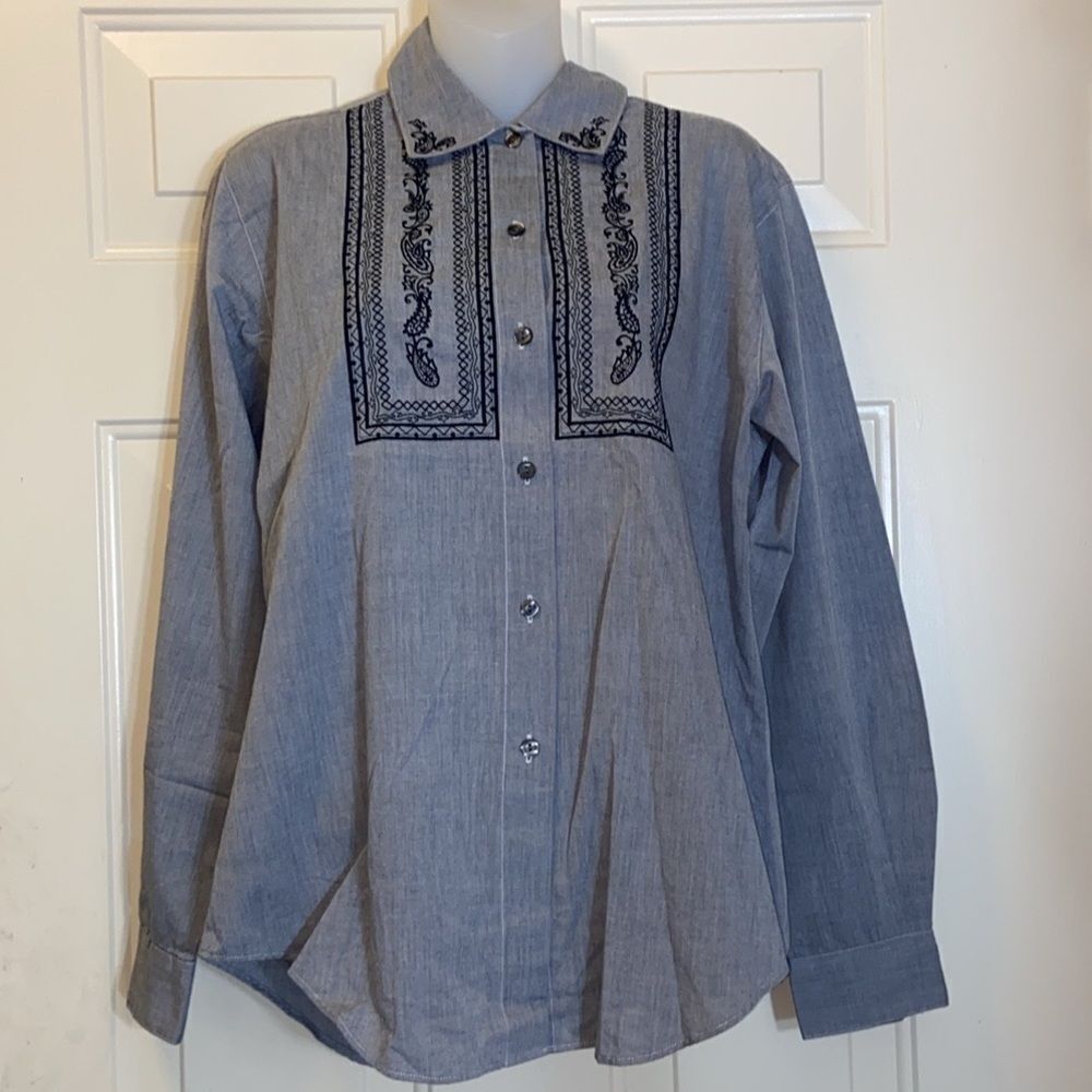 Foxcroft Embroidered Gray Button Front | Fox-craft Blouse